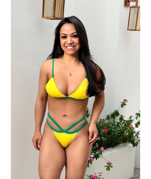 BIQUÍNI TRADICIONAL REGULADOR CALCINHA FITA DUPLA AMARELO COM VERDE LOOK1256