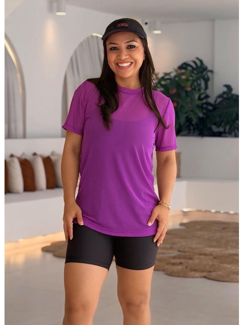 CAMISETA FITNESS NO TULE ROXO FÚSCIA COLEÇÃO FEBELA MOVE
