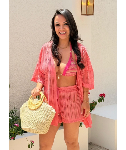SAÍDA DE PRAIA CONJUNTO KIMONO COM SHORT ROSA M45