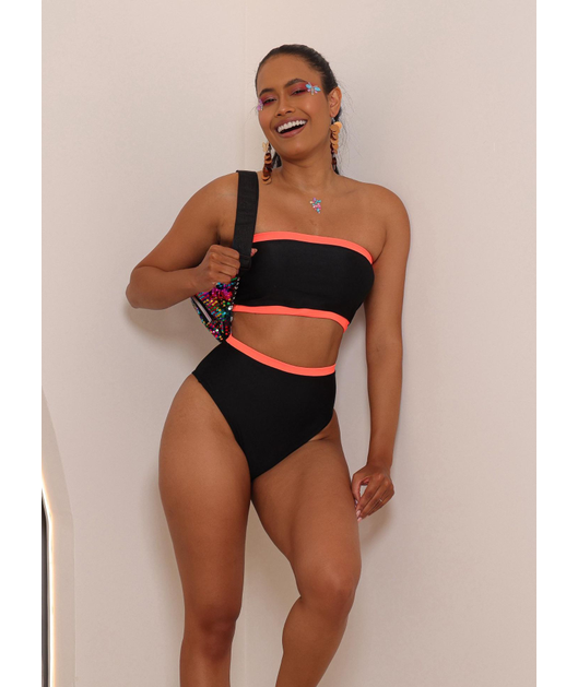 COMBO DE CARNAVAL BIQUÍNI TOP PRETO E MINI SAIA LARANJA NEON COLEÇÃO ESQUENTA FOLIA