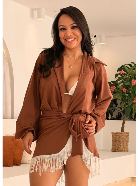 SAÍDA DE PRAIA CONJUNTO CAMISA COM PAREÔ DE FRANJA MARROM REP621