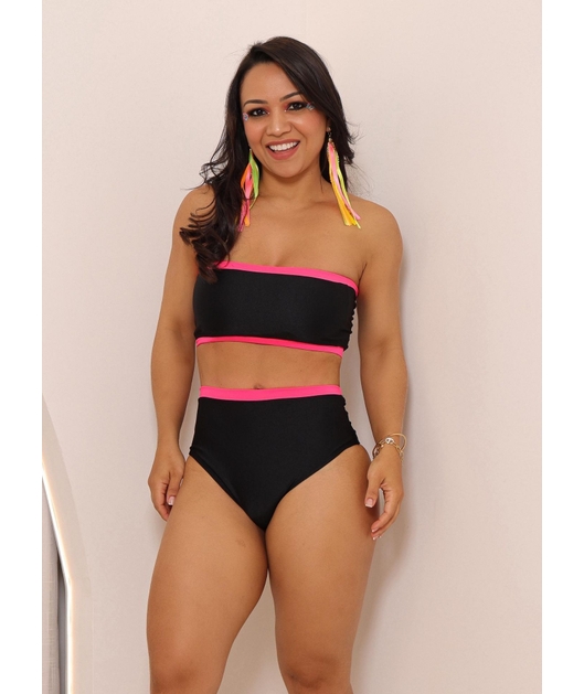 BIQUÍNI TOP FAIXA CALCINHA HOT PANTS PRETO COM ROSA NEON COLEÇÃO ESQUENTA FOLIA