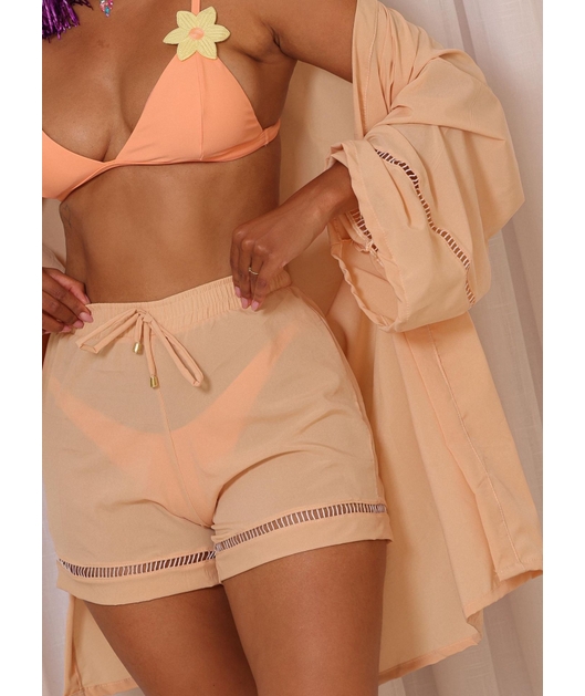 SAÍDA DE PRAIA CONJUNTO KIMONO COM SHORT LARANJA CLARO COLEÇÃO FOLIA