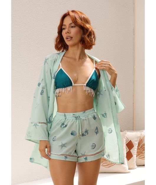 SAÍDA DE PRAIA KIMONO COM SHORT VERDE CLARO COLEÇÃO FUNDO DO MAR