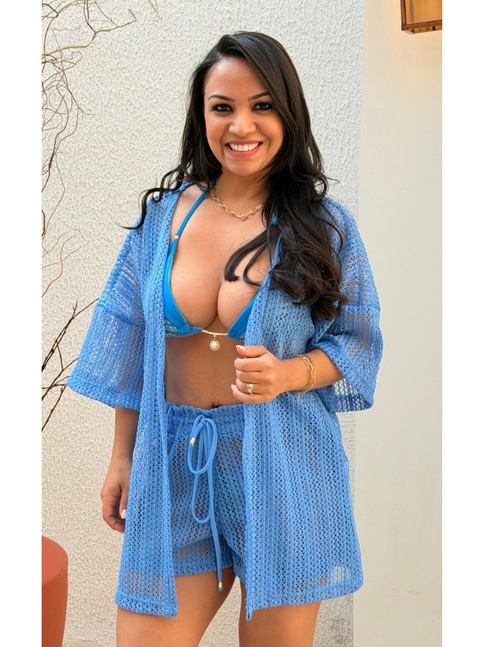SAÍDA DE PRAIA CONJUNTO KIMONO COM SHORT AZUL M405