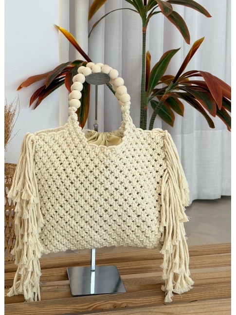 BOLSA OFF WHITE COM FRANJAS E ALÇAS DE BOLINHAS
