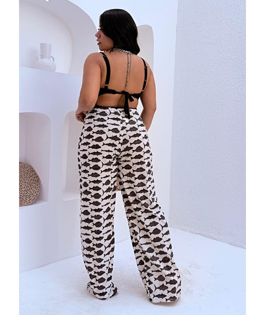 SAÍDA DE PRAIA CALÇA ESTAMPA MARÉ DE PEIXES PRETA COLEÇÃO SARDENHA