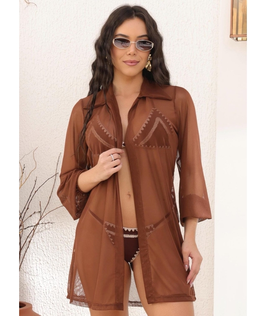 SAÍDA DE PRAIA CAMISA NO TULE MARROM COLEÇÃO PÉ NA AREIA LOOK568