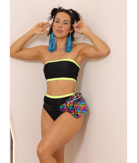 COMBO DE CARNAVAL BIQUÍNI TOP PRETO E MINI SAIA VERDE NEON COLEÇÃO ESQUENTA FOLIA