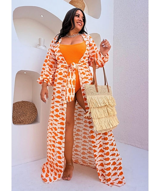 SAÍDA DE PRAIA LONGA ESTAMPA MARÉ DE PEIXES LARANJADA COLEÇÃO SARDENHA