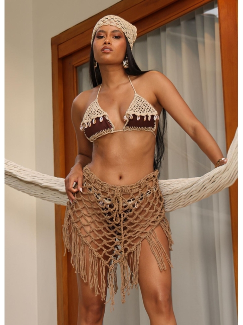 SAÍDA DE PRAIA MINI SAIA NO CROCHÊ MARROM COLEÇÃO HANDMADE