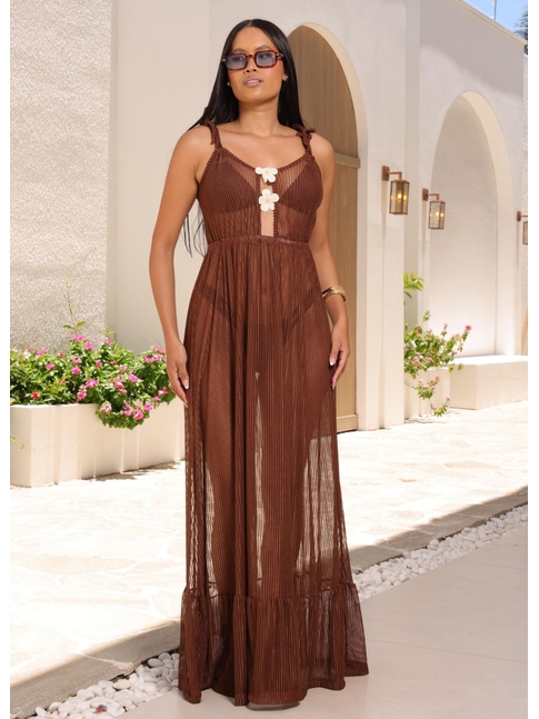 SAÍDA DE PRAIA LONGA FLOR NO TULE MARROM COLEÇÃO BEACH GLAM