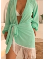 SAÍDA DE PRAIA CONJUNTO CHIFFON CAMISA COM PAREÔ DE FRANJA VERDE CLARO TGR5895 - 3
