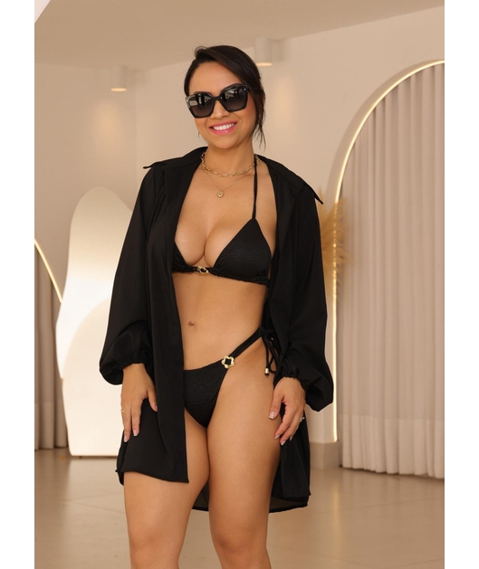 SAÍDA DE PRAIA CAMISA NO MUSSELINE PRETA COLEÇAO SOLARE