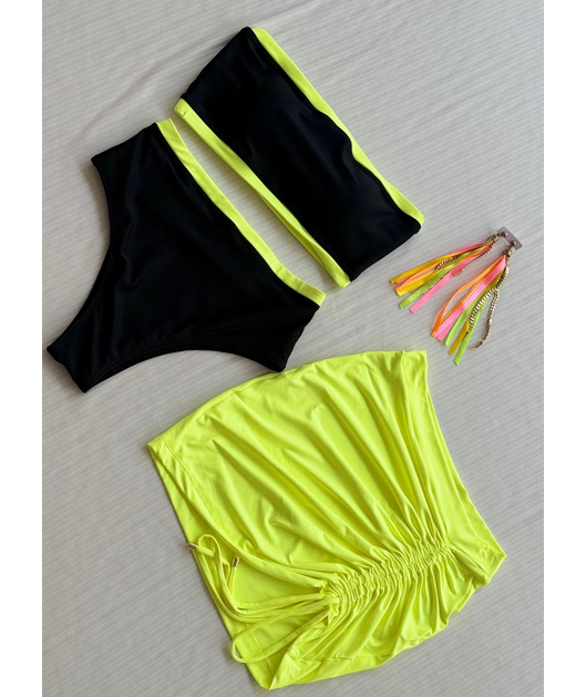 COMBO DE CARNAVAL BIQUÍNI TOP PRETO E MINI SAIA VERDE NEON COLEÇÃO ESQUENTA FOLIA