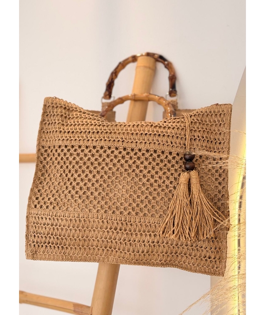 BOLSA DE PALHA GRANDE BEGE ALÇA DE BAMBUM