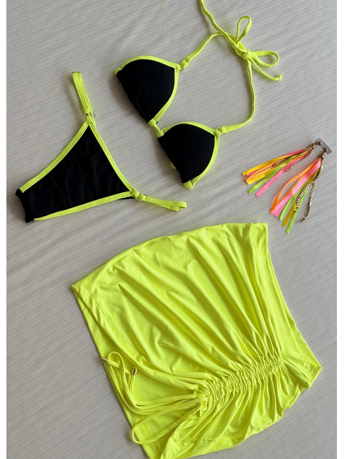 COMBO DE CARNAVAL BIQUÍNI CORTININHA PRETO E MINI SAIA VERDE NEON COLEÇÃO ESQUENTA FOLIA