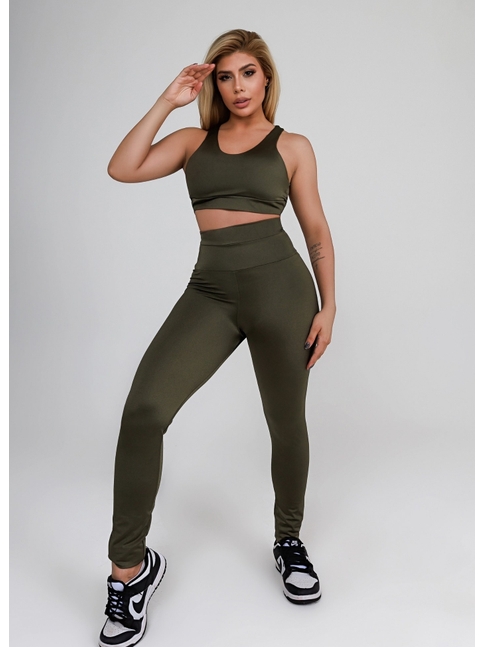 CONJUNTO FIT TRILOBAL TOP BASIC CALÇA COS ALTO FAIXA VERDE MILITAR