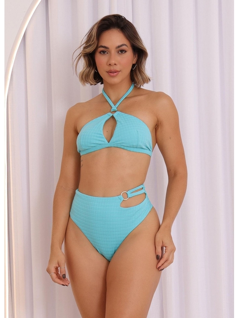 BIQUÍNI TOP FRENTE ÚNICA CALCINHA ALTA AZUL COLEÇÃO MARÉ FASHION