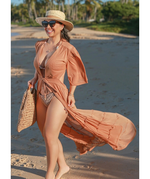 SAÍDA DE PRAIA LONGA COM AMARRAÇÃO NO TULE COR AREIA COLEÇÃO BRISA