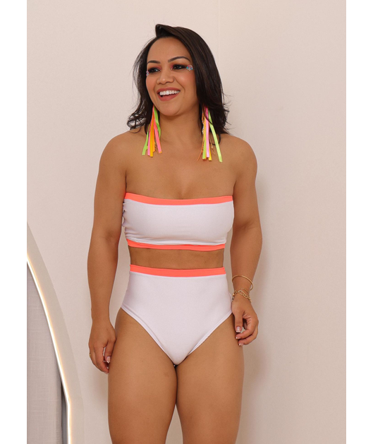 COMBO DE CARNAVAL BIQUÍNI TOP BRANCO E MINI SAIA LARANJA NEON COLEÇÃO ESQUENTA FOLIA