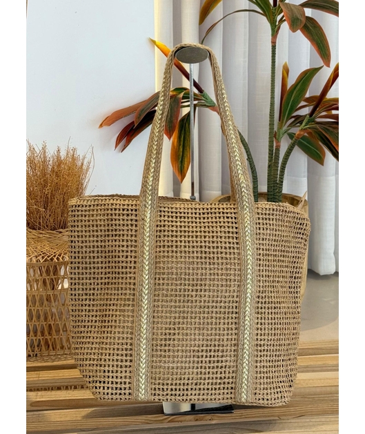BOLSA DE PALHA GRANDE BEGE ALÇAS DETALHE DOURADO