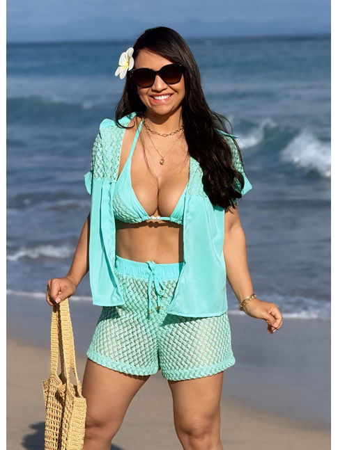 SAÍDA DE PRAIA CONJUNTO CAMISA E SHORT VERDE ÁGUA COLEÇÃO BRISA II