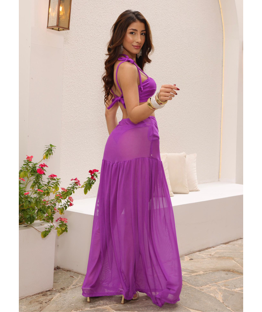 SAÍDA DE PRAIA SAIA LONGA ESTRELA NO TULE ROXO FÚCSIA COLEÇÃO PARTIU PRAIA