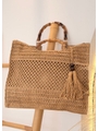 BOLSA DE PALHA GRANDE BEGE ALÇA DE BAMBUM - 3