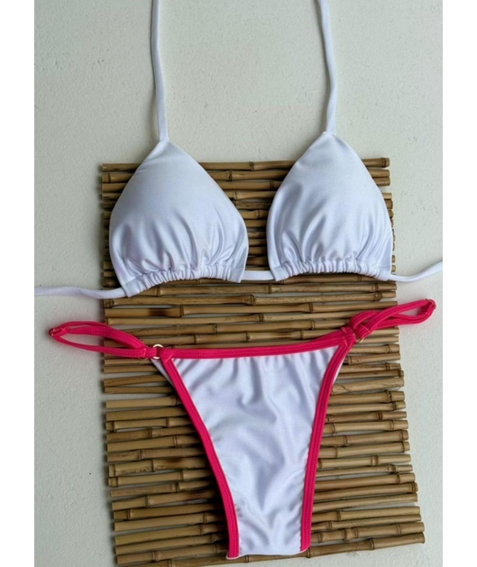 BIQUÍNI CORTININHA CALCINHA COM REGULADOR BRANCO COM DETALHE ROSA NEON COLEÇÃO ESQUENTA FOLIA