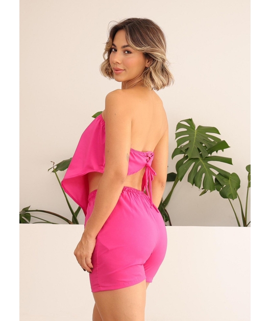 SAÍDA DE PRAIA CONJUNTO TOP TOMARA Q CAIA COM SHORT ROSA COLEÇÃO TERRA DO SOL TRIO24