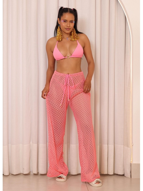 SAÍDA DE PRAIA CALÇA CROCHÊ ROSA COLEÇÃO FOLIA
