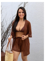 SAÍDA DE PRAIA KIMONO COM SHORT MARROM NO TULE - 1