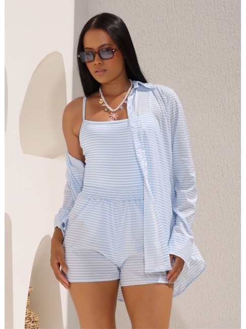 SAÍDA DE PRAIA CAMISA COM SHORT LISTRA AZUL COLECÃO VERÃO EUROPEU