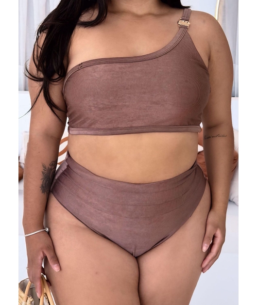 BIQUÍNI TOP NULA MANGA CALCINHA ALTA MARROM