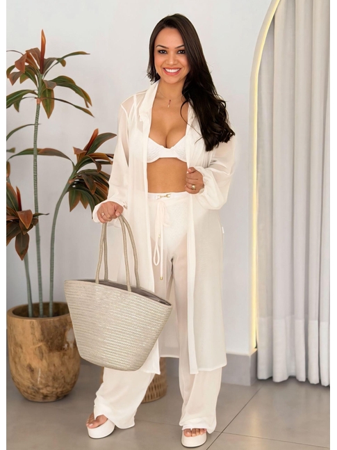 SAÍDA DE PRAIA MAX CAMISA COM CALÇA NO TULE BRANCA VAN25