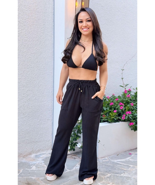 SAÍDA DE PRAIA CALÇA COM BOLSOS NO CHIFFON PRETA
