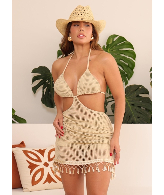 SAÍDA DE PRAIA CORTININHA COM SAIA DE FRANJA NUDE COLEÇÃO CLAREIA