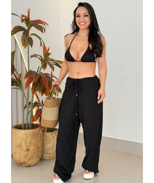 SAÍDA DE PRAIA CALÇA NO CHIFFON PRETA