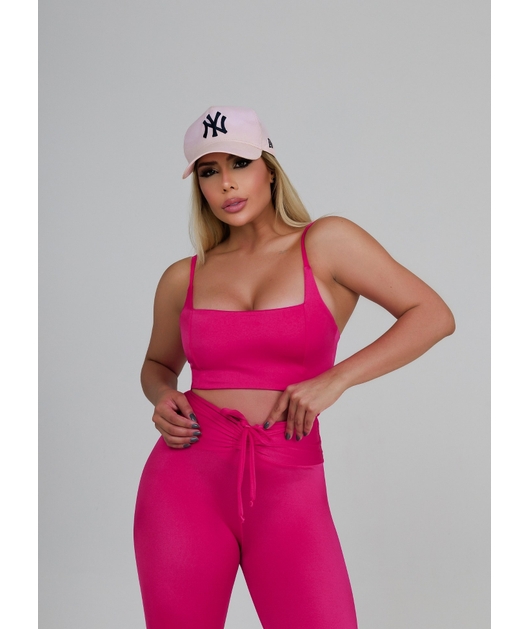 CONJUNTO FIT TRILOBAL TOP ALCA CALÇA COS ALTO PLISSADO ROSA