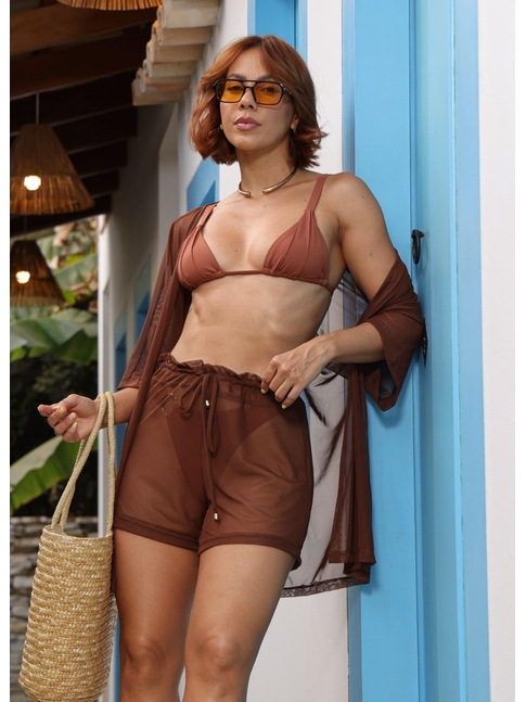 SAÍDA DE PRAIA KIMONO COM SHORT MARROM NO TULE COLEÇÃO IBIZA COMB DRICA