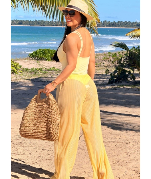 SAÍDA DE PRAIA CALÇA TULE EM LISTRA AMARELA COLEÇÃO DULCE CARIBE