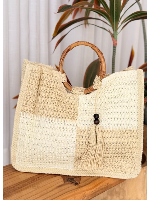 BOLSA DE PALHA GRANDE CLARA COM ALÇA REDONDA E TASSEL TGS852