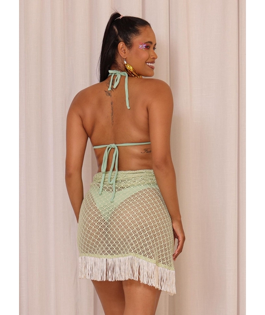 SAÍDA DE PRAIA PAREO CURTA COM FRANJA VERDE COLEÇÃO FOLIA
