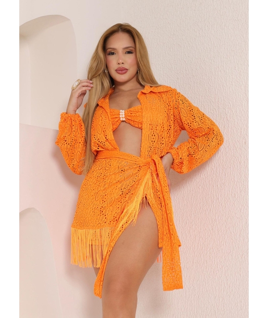 SAÍDA DE PRAIA CAMISA COM PÁREO NO CROCHÊ LARANJADO COLEÇÃO PÉROLA