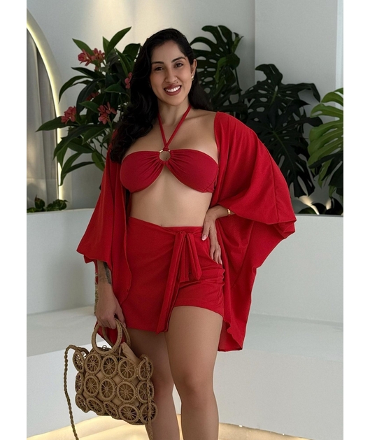 SAÍDA DE PRAIA KIMONO COM SHORT SAIA SEDINHA VERMELHA COLEÇÃO CALIENTE