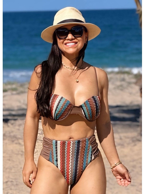 BIQUÍNI MEIA TAÇA CROCHÊ CALCINHA ALTA MARROM COLEÇÃO CARIBENHA II