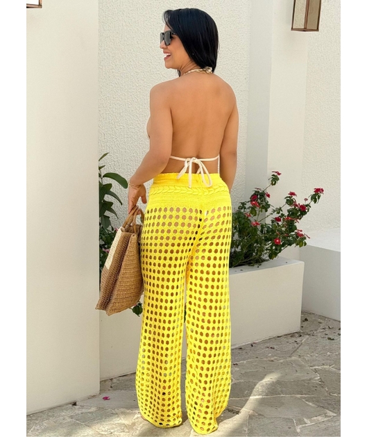SAÍDA DE PRAIA CALÇA NO TRICÔ AMARELA LOOK1256