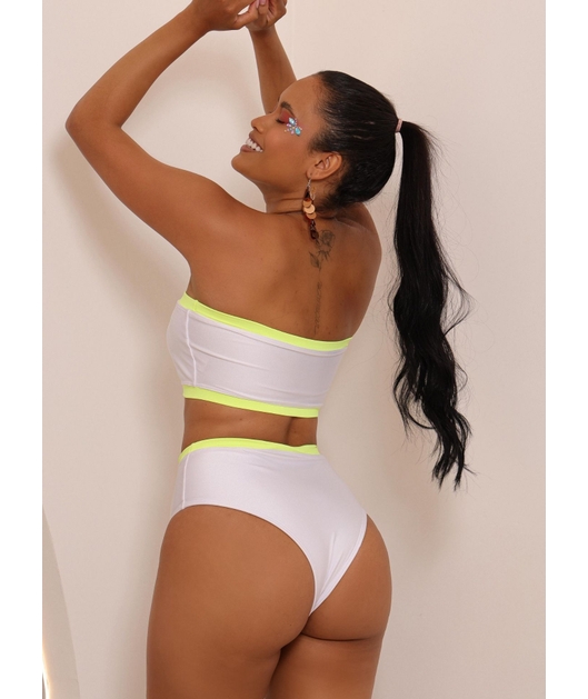 BIQUÍNI TOP FAIXA CALCINHA HOT PANTS BRANCO COM VERDE NEON COLEÇÃO ESQUENTA FOLIA