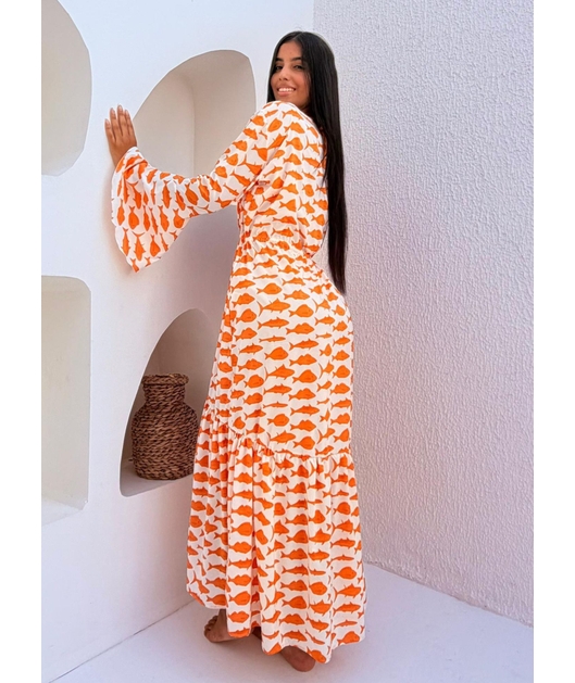 SAÍDA DE PRAIA LONGA COM AMARRAÇÃO ESTAMPA MARÉ DE PEIXES LARANJADA COLEÇÃO SARDENHA